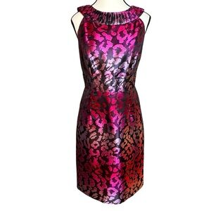 Madison Pleated Collar Pink Purple Animal Print sheath Dress Halter Size 12 NWOT